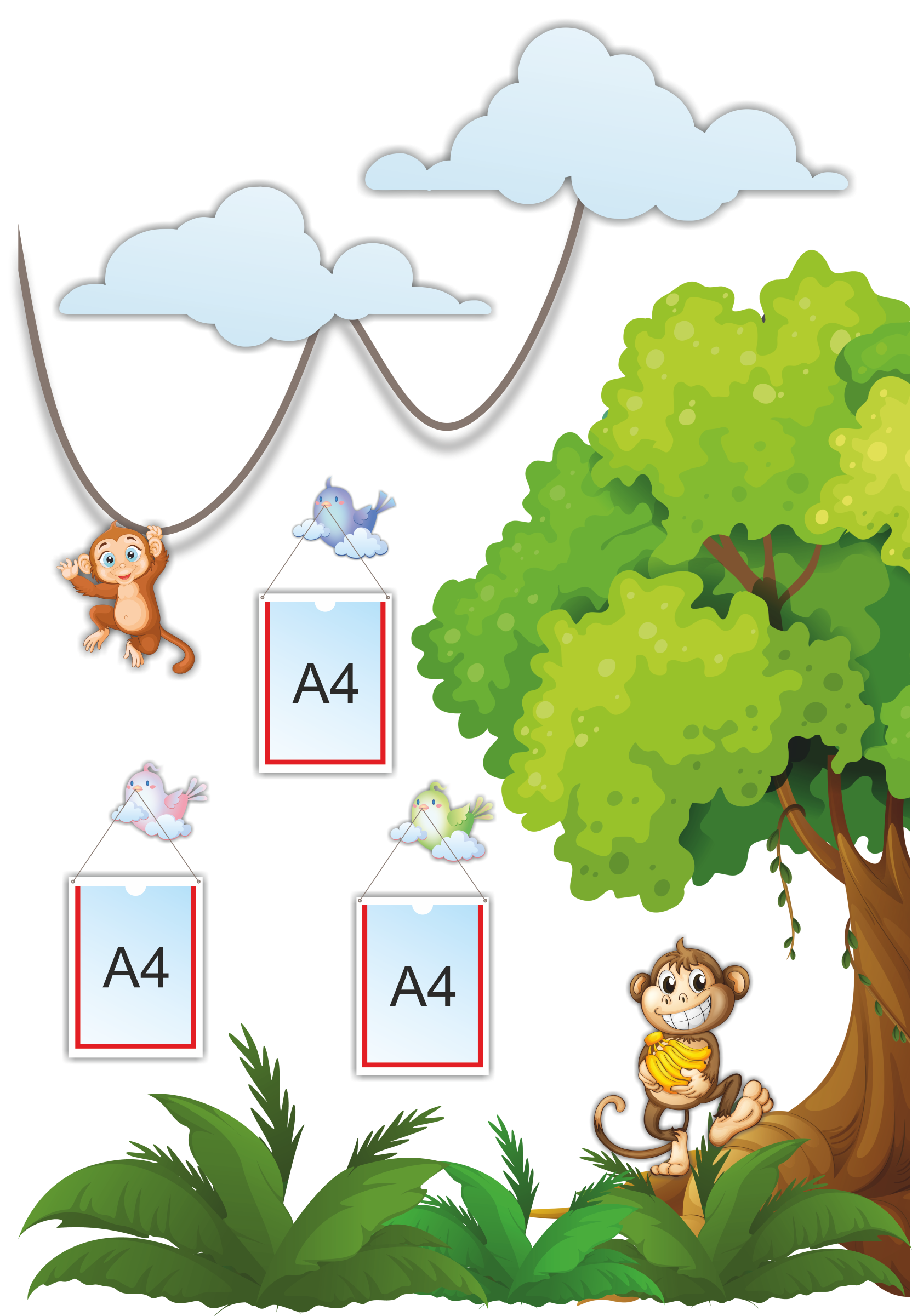 Композиция настенная в детский сад Дерево с обезьянками 3 кармана А4 арт.ДЕК335